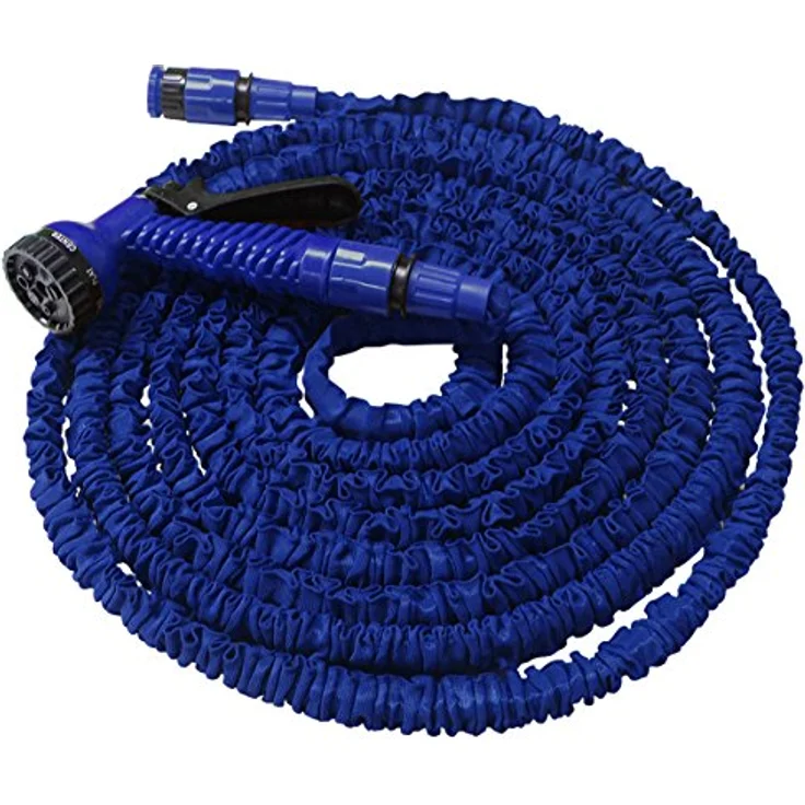 HELO Gartenschlauch 'Flexi', 22,5 m ausgedehnt (7,5 m gefaltet), blauer flexibler Wasserschlauch mit verstärktem Gewebe und 7-in-1 Multifunktionsdüse – Bild 2
