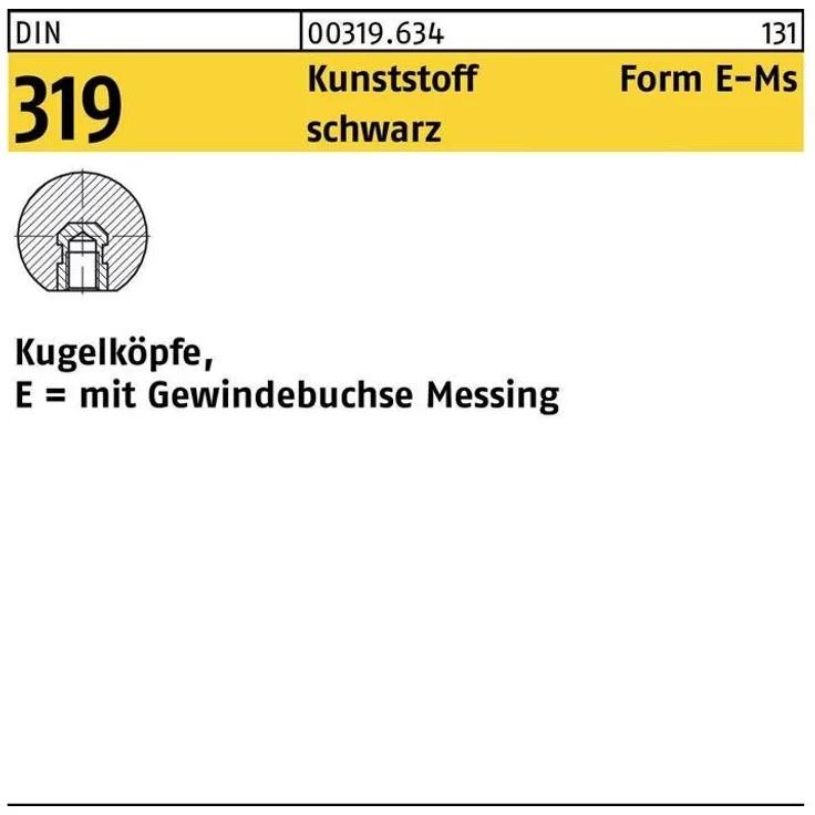 OTTO Türgriff Kugelknopf DIN 319 Form E 16 M 4 Kunststoff schwarz Messingbuchse, Set of 25