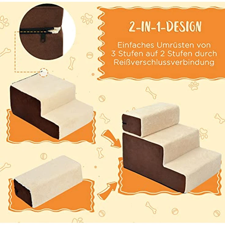 PawHut Hundetreppe Katzentreppe Haustiertreppe 3 Stufen Haustier Plüsch Beige 54 x 40 x 39cm – Bild 5