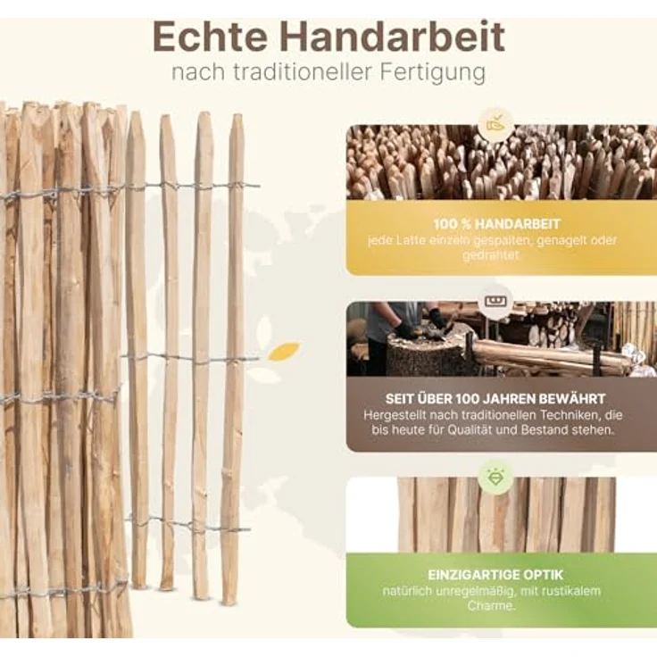 STILTREU Französischer Premium Staketenzaun Kastanie, 5 Meter lang, 50 cm hoch, Lattenabstand 6-7 cm, witterungsbeständig und pflegeleicht – Bild 3
