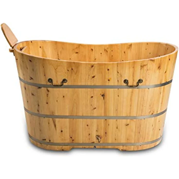 DEKO VERTRIEB BAYERN XXL Luxus freistehende Holz-Badewanne 150cm aus rotem Zedernholz, pflegeleichte Oberfläche, inklusive Ablaufgarnitur und Hygienesiegel, Abmessungen 150 x 62 x 85 cm – Bild 3