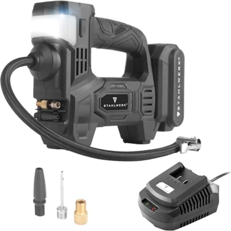 STAHLWERK Akku Druckluftkompressor ADK-20 ST, 72 Watt Leistung, mobile Luftpumpe mit digitaler Druckanzeige und LED-Beleuchtung – Bild 1