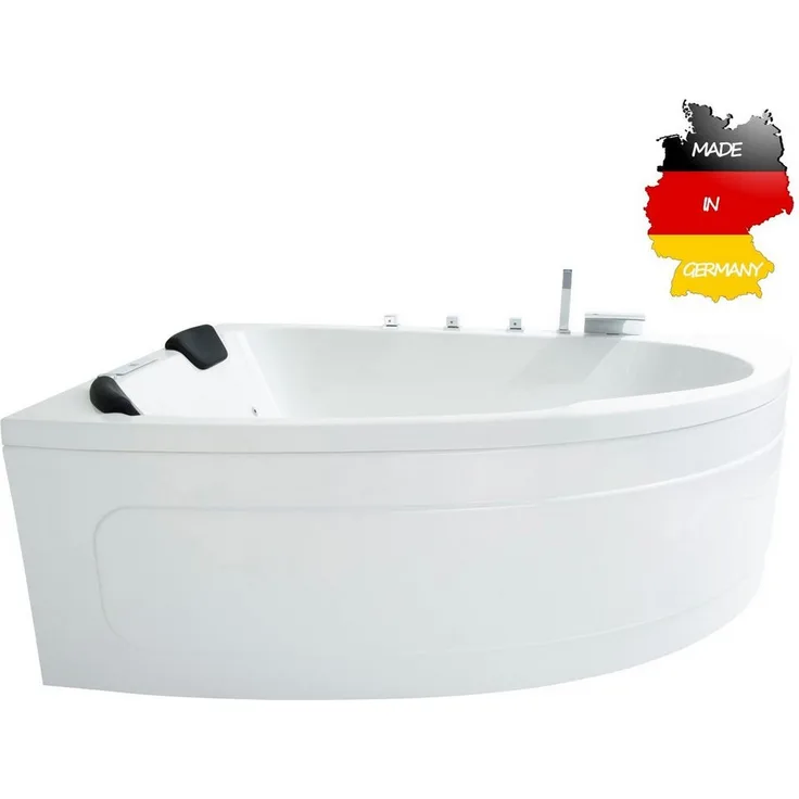 Basera® Whirlpool-Badewanne CLASSIC Indoor Eck-Whirlpool Badewanne Guam Li. 180x130cm für 2 Pers., (Komplett-Set), mit 25 Massagedüsen, Wasserfall, LED, Touchpanel, Bluetooth und Radio