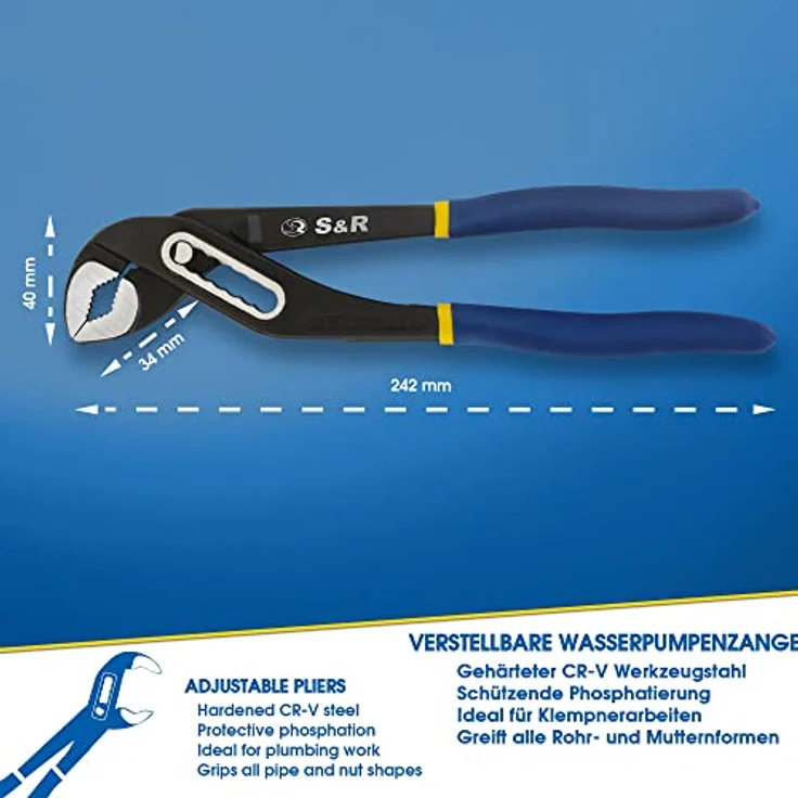 S&R Wasserpumpenzange 242x34mm, CR-V Stahl phosphatiert, doppelt ummantelte ergonomische Griffe – Bild 2