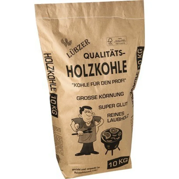 Lübzer Qualitäts-Holzkohle 10 kg mit großer Körnung, reines Laubholz