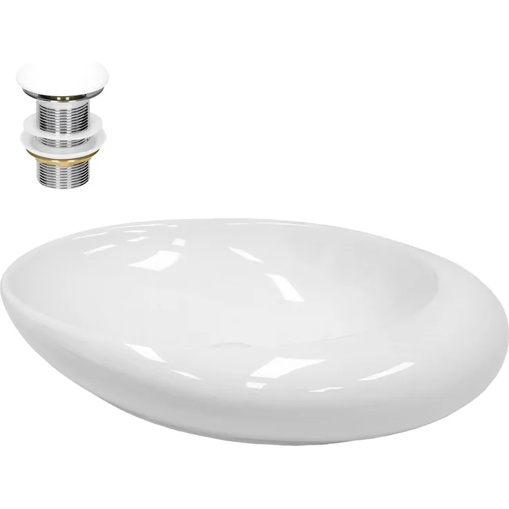 ECD Germany Waschbecken 585x375x145mm, Keramik Weiß mit Ablaufgarnitur ohne Überlauf