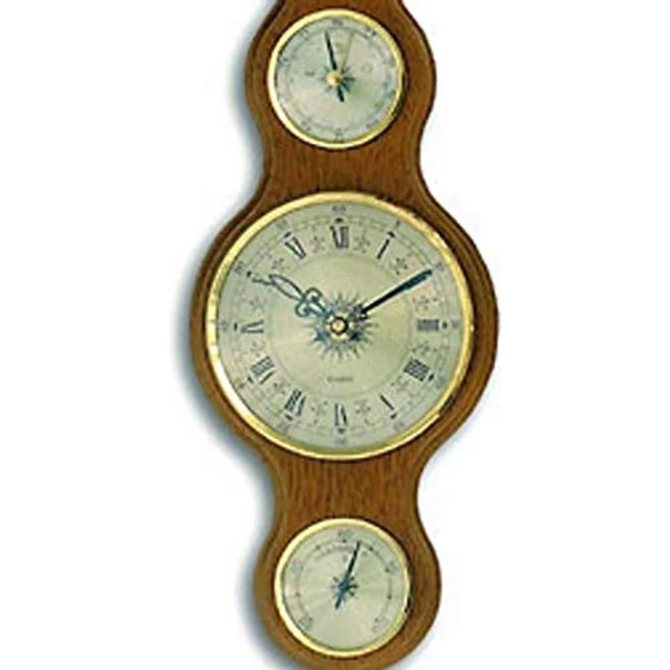 TFA 45.3004 Analoge Wetterstation aus Massivholz, Sheraton-Form mit Barometer, Thermometer, Hygrometer und Quarzuhr, Braun – Bild 2