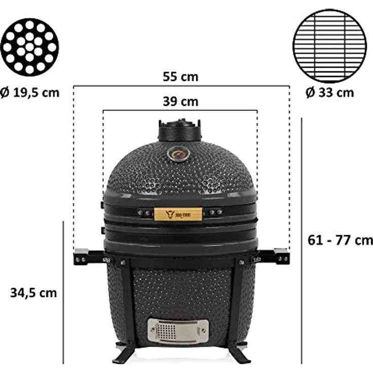 BBQ-Toro Kamado Grill Shiro Ø 39 cm mit Thermometer, Holzgriffe | Grau | Mini Holzkohlegrill, Ceramic Grill, Keramikgrill, Grill Ei, Grill Rund Holzkohle, Kamado BBQ – Bild 3