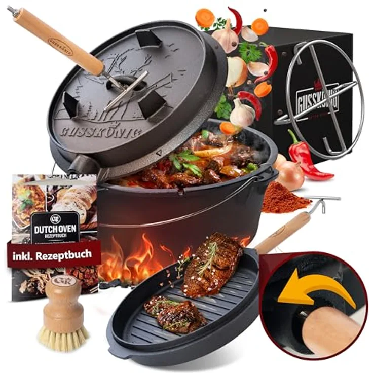 GUSSKÖNIG Dutch Oven Set [4.5L] ohne Füße - Eingebrannter Feuertopf mit innovativem 2in1 Deckelheber, Untersetzer, Reinigungsbürste und Rezeptbuch - für Abenteurer
