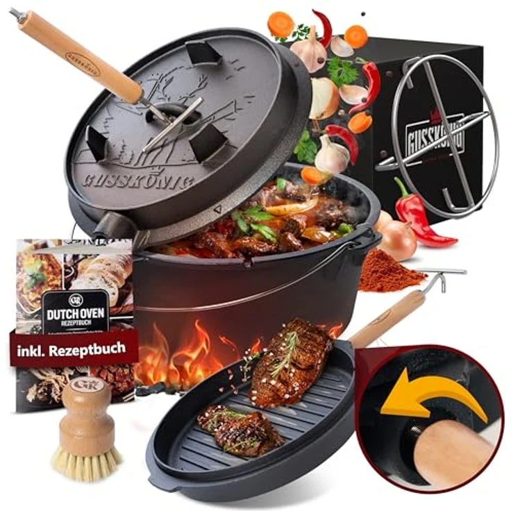 GUSSKÖNIG Dutch Oven Set [4.5L] ohne Füße - Eingebrannter Feuertopf mit innovativem 2in1 Deckelheber, Untersetzer, Reinigungsbürste und Rezeptbuch - für Abenteurer – Bild 1