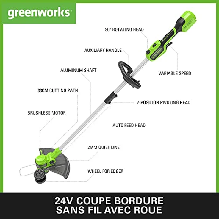 Greenworks GD24LT33K4, 24V Akku Rasentrimmer & Kantenschneider mit Rad, 33cm Schnittbreite, automatischer Vorschub, 2mm Nylonfaden, inkl. 4Ah Akku & Ladegerät, 3 Jahre Garantie – Bild 2
