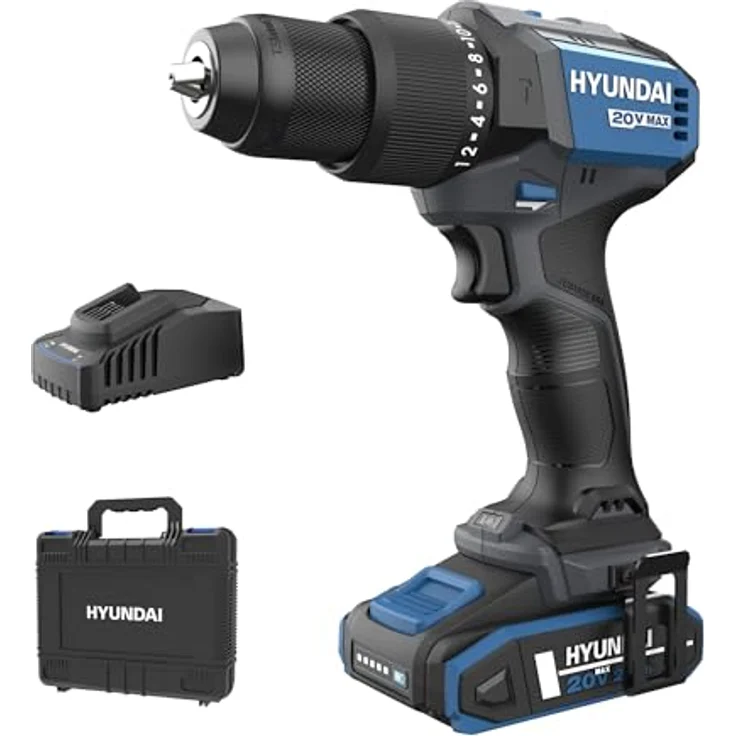 HYUNDAI Akku-Schlagbohrschrauber HD20X-60-2A1, 20V, 60 Nm, bürstenloser Motor, 2-Gang-Metallgetriebe, 13mm Metallbohrfutter, inkl. 2.0Ah Akku, Ladegerät und Koffer – Bild 1