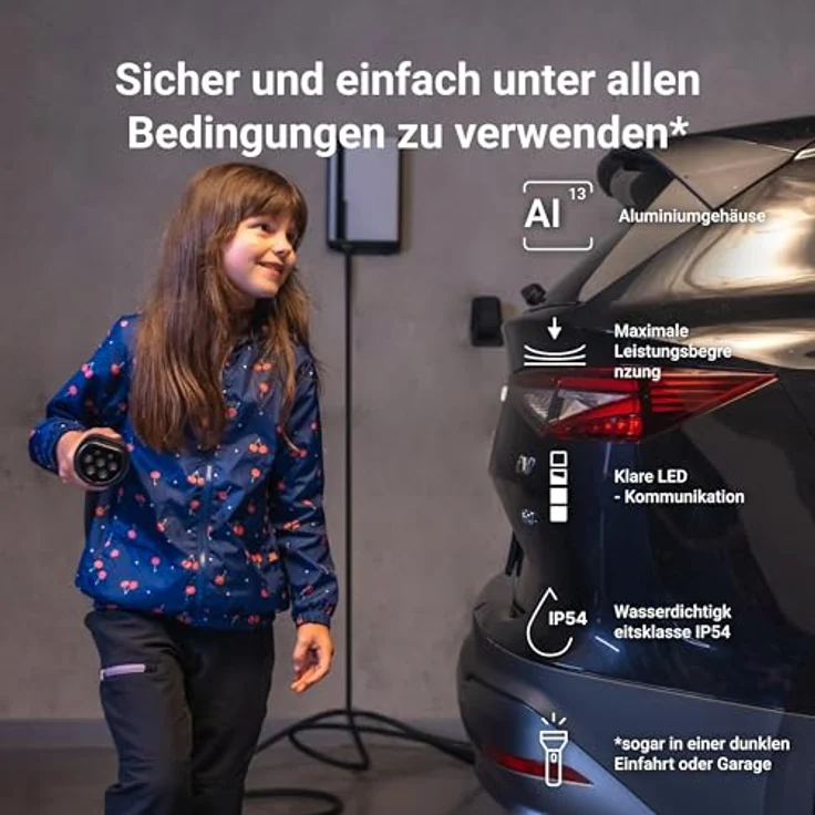 GreenCell EVGC021A2275, Elektroauto Ladestation in Grau Aluminium, 22 kW, 32 A, integriertes Display, Wandmontage, IP54 Schutz – Bild 5