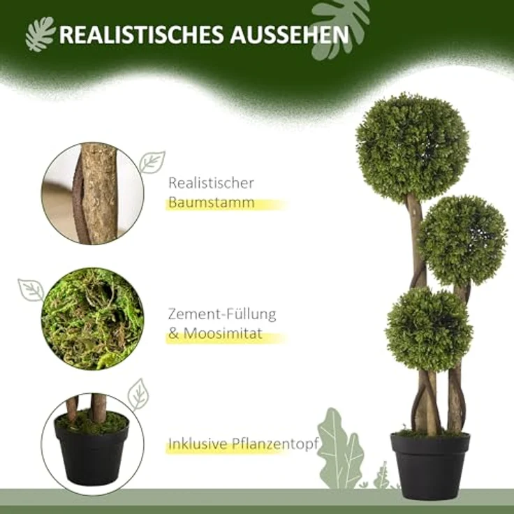 HOMCOM Künstliche Pflanze, Kunstpflanze, 90 cm Buchsbaum im Blumentopf, Kunstbaum mit UV-Schutz, Hellgrün – Bild 3