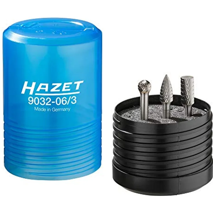 Hazet Hartmetall-Frässtift-Satz (6 mm Schaft, 3 verschiedene Fräser in Zylinder-, Kegel- und Kugelform, Kopfdurchmesser 9-10 mm) 9032-06/3