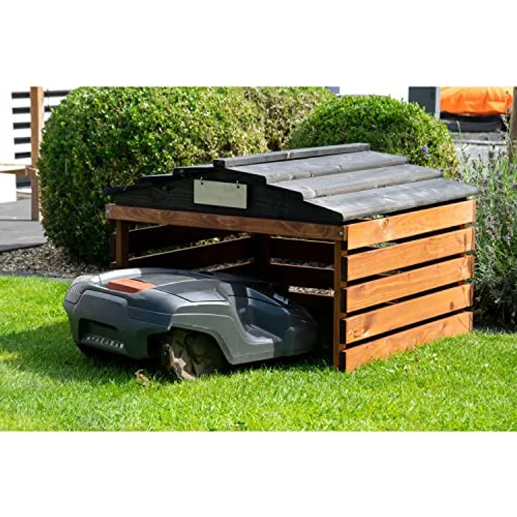 dobar 56193e Mährobotergarage mit abnehmbarem Dach - Rasenroboter Unterstand Massivholz - Rasenmäher Garage - Automower Überdachung - 78,5 x 74 x 52,5 cm - Braun/Schwarz – Bild 5