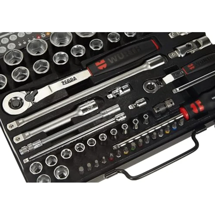 Würth Zebra Steckschlüsselset 59-teilig, 1/2 Zoll und 1/4 Zoll in stabiler Metallkassette mit verlängerbaren Werkzeugen und ergonomischem Griff – Bild 4