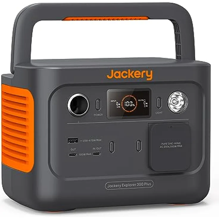 Jackery Explorer 300 Plus Tragbarer Powerstation, 256 Wh Solargenerator mit LiFeP04,bis zu 300W Leistung, Balkonkraft für Notstrom/Camping/Wohnmobile/zu Hause