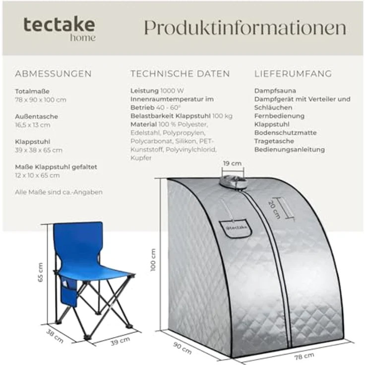 Tectake Mobile Dampfsauna ThermaLuxe II, 1000 W, 15 Temperaturstufen, grau/blau – Bild 6