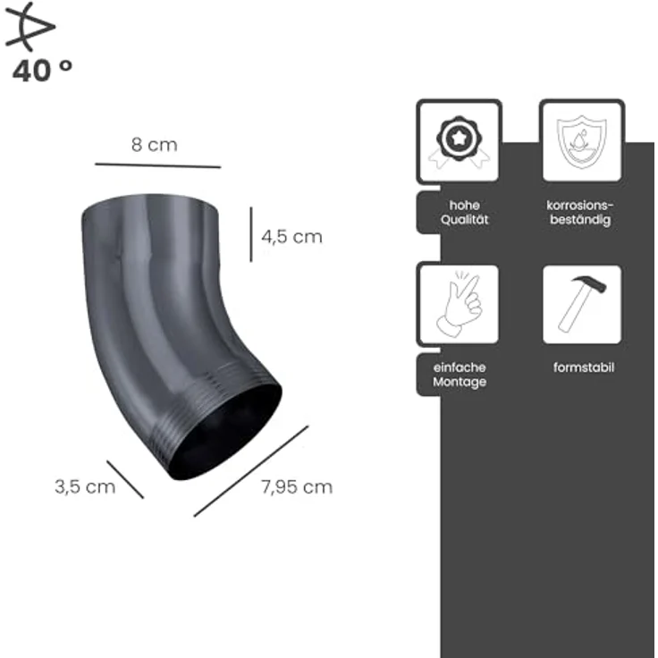 ZAMBELLI Fallrohrbogen 40° DN80, verzinkt, anthrazit, für flexible Gartenentwässerungen – Bild 2