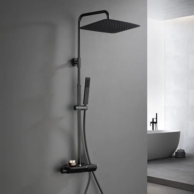 Görbach Regendusche Duschsystem mit Thermostat, XXL Kopfbrause 35x25 cm aus Edelstahl, Schwarz, intelligente Temperaturkontrolle und höhenverstellbare Duschstange – Bild 1