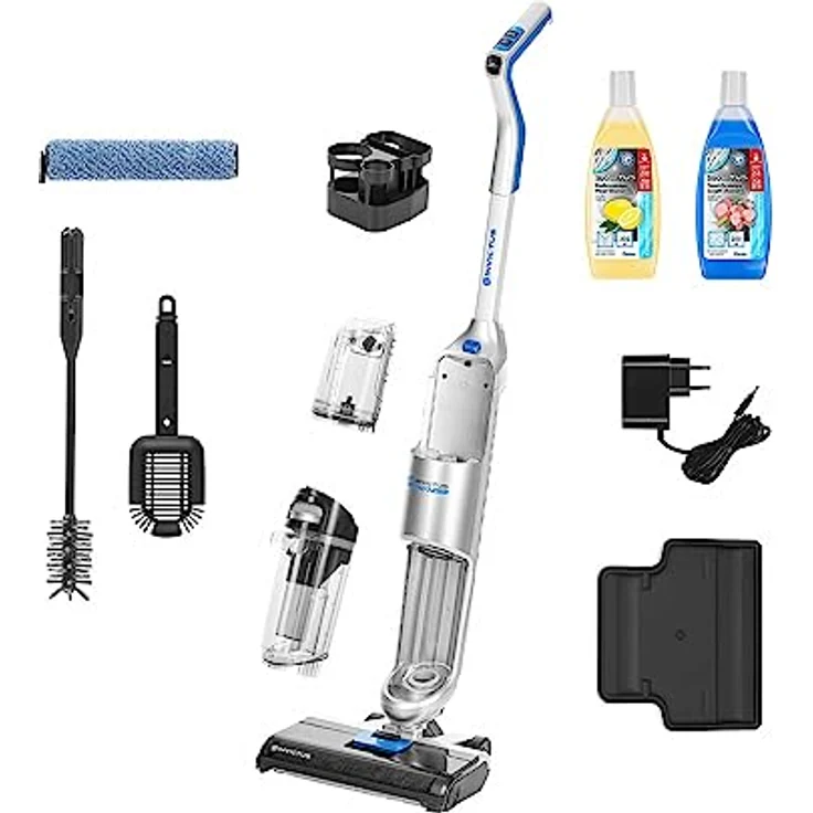Genius INVICTUS WD7 Kabelloser Nass- und Trockensauger Deluxe-Set 17-tlg. Selbststehender Staubsauger zum polieren, inkl. Reinigungskonzentrat, mit Aufbewahrungsstation, Akkustaubsauger, Akkuwischgerät, in Schwarz – Bild 1