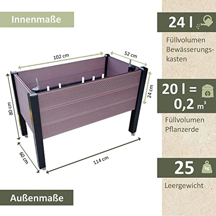 NATIV Exklusives Hochbeet mit integriertem und patentiertem Bewässerungssystem | Kräuterbeet mit Pflanzkasten 114 x 60 cm | Gemüsebeet aus WPC | Blumenkasten rollbar | Pflanzbeet Siena – Bild 2