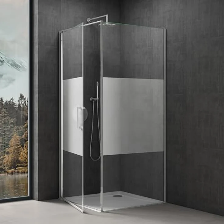 doporro Ravenna36-Plus Eck-Duschkabine 80x90x195cm, Milchglas Streifen, Hebe- und Senkmechanismus, ESG-Sicherheitsglas, beidseitige Easy-Clean-Beschichtung, Aluminiumrahmen – Bild 2