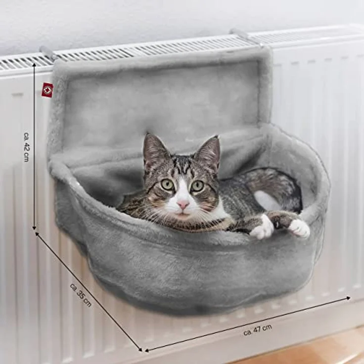 CanadianCat Company Katzen Kuschelsack für Heizkörper, grau, flauschige Liegemulde mit verstellbaren Bügeln, 47 x 35 x 42 cm – Bild 2