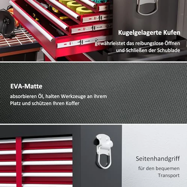 HOMCOM Werkstattwagen mit 14 Schubladen, abschließbar, Rot, mobiler Rollwagen mit seitlicher Lochwand und EVA-Matten, max. Traglast 130 kg – Bild 7