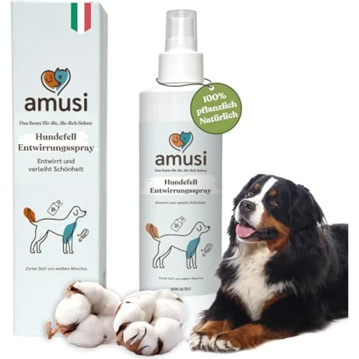Amusi Fellpflege Hund Entfilzungsspray, hypoallergene Formel auf Pflanzenölbasis, 250 ml, Fellspray mit antistatischer Wirkung für alle Felltypen