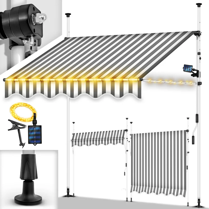 tillvex Klemmmarkise 300 cm Grau/Weiß mit LED und Handkurbel | Balkonmarkise ohne Bohren | UV-beständig & höhenverstellbar | Sonnenschutz wasserdicht