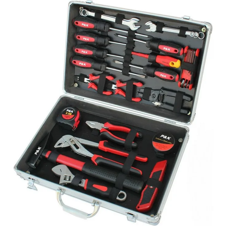 P & K Werkzeugkoffer P & K 30 teiliger Alu Werkzeugkoffer (30 St) - Mit Hammer, Zangen, Maßband, Cutter, Inbusschlüssel, Wasserwaage, Isolierband, Maulschlüssel