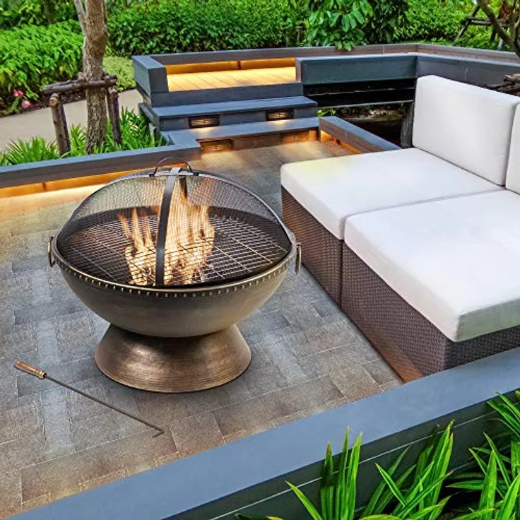 Teamson Home Garten Große Holzbefeuerte Feuerstelle, Gartenmöbel, Kaminofen, Feuerstellenheizung, Metall-Feuerschale, Holzbrenner mit Schürhaken und Deckel, metallisch – Bild 2