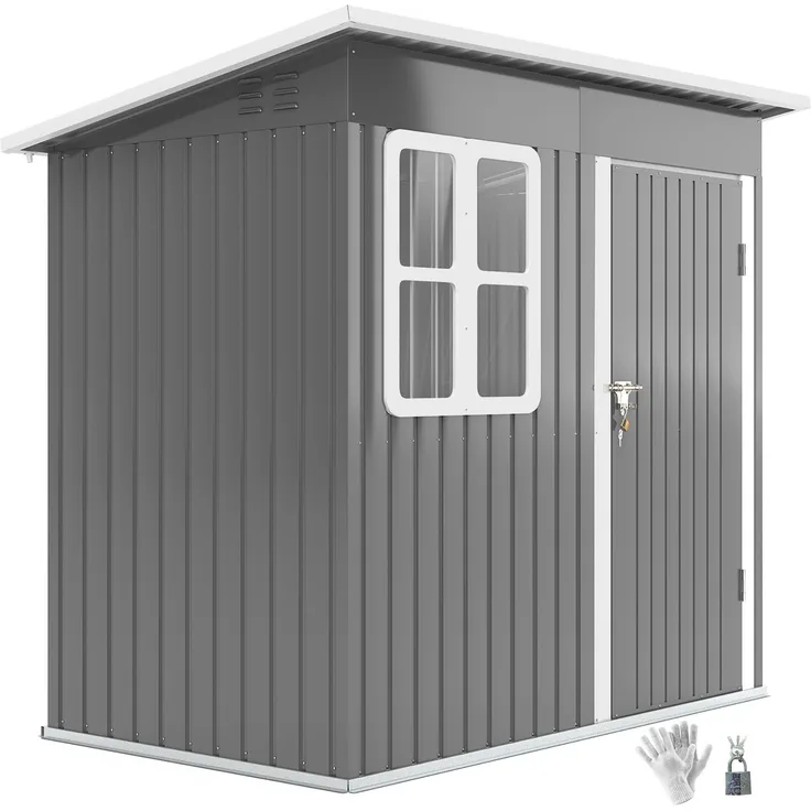JTI Gerätehaus 2,55m², Gartenhaus mit Pultdach, Dunkelgrau, abschließbare Tür, Fenster, wetterbeständig aus Stahl, 221 x 133 x 190/173 cm