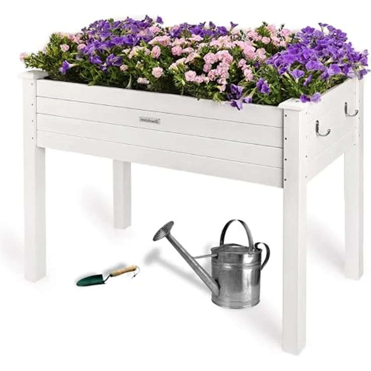 needs&wants® Growy4 Hochbeet aus Holz, Pflanzkasten Bausatz rechteckig schmal mit Vlies-Folie, 80 Liter Volumen, weiß – Bild 1
