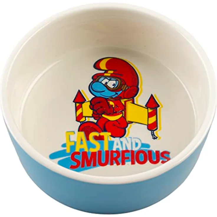 Smurfs duvoplus, Futternapf, 500 ml, 15 x 15 x 6 cm, Weiß/Blau, glasierte Keramik, robust und stabil, für Nassfutter, Trockenfutter und Wasser, spülmaschinenfest