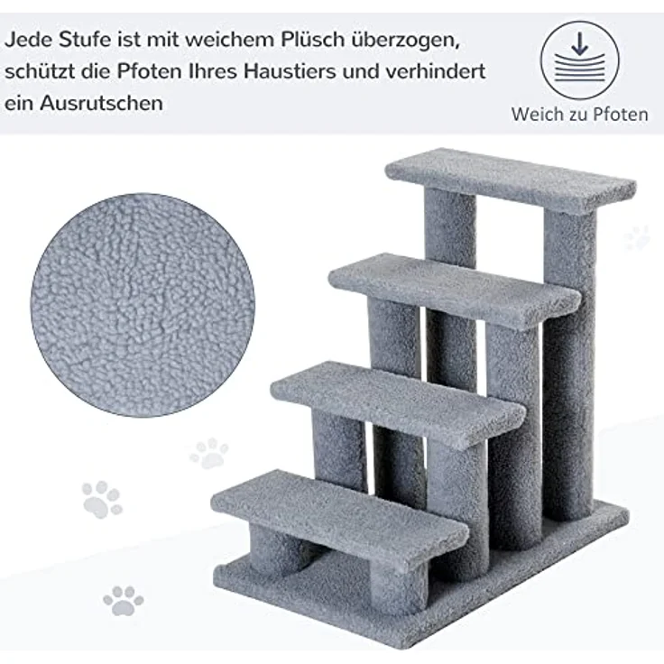 PawHut Tiertreppe Katzentreppe Hundetreppe Treppe für Katze und Hunde 4 Stufen Grau 63,5x43x60cm – Bild 4