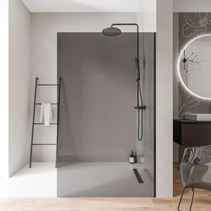 BERNSTEIN Walk-In Dusche EX102, Duschabtrennung 70 x 200cm aus 10 mm grauem ESG-Sicherheitsglas, mit Nano-Beschichtung und schwarzen Edelstahlprofilen, ebenerdig ohne Bodenprofil