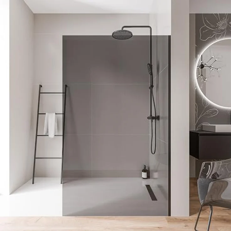 BERNSTEIN Walk-In Dusche EX102, Duschabtrennung 70 x 200cm aus 10 mm grauem ESG-Sicherheitsglas, mit Nano-Beschichtung und schwarzen Edelstahlprofilen, ebenerdig ohne Bodenprofil – Bild 1