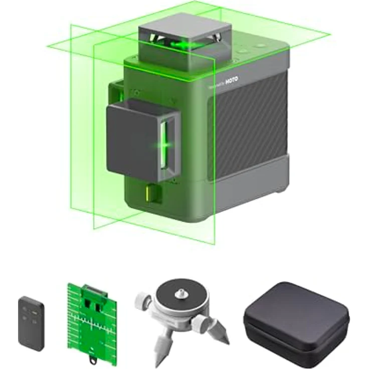 HOTO Kreuzlinienlaser, grüner Laser mit 3x 360° Linien, inkl. Tasche und Stativ, Reichweite max. 30m, IP54 staub- und wassergeschützt – Bild 1