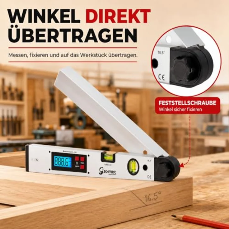SCHMIDT security tools WM-420A digitale Wasserwaage und Winkelmesser, LCD Display mit blauer Hintergrundbeleuchtung, Messgenauigkeit ±0,5°, Silber – Bild 4
