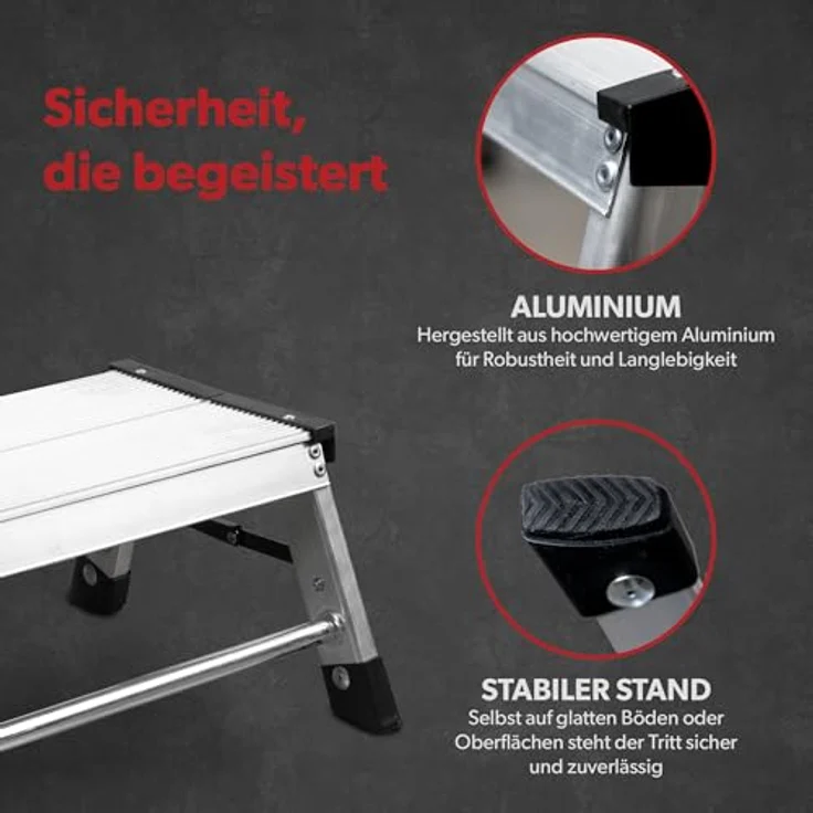 siwitec Alumium-Klapptritt 1 Stufe | Kleine Trittleiter mit rutschfesten Standfüßen | 150 kg Traglast | Geriffelte Stufen | Platzsparend | Klappleiter – Bild 4