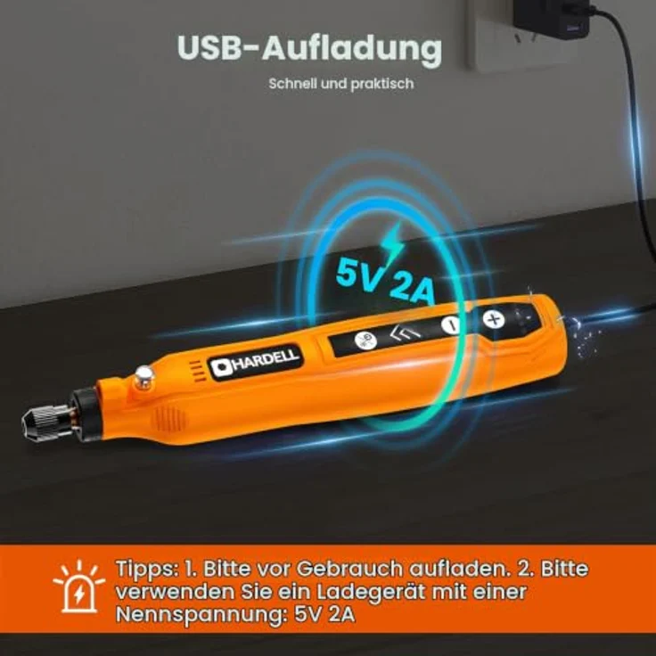 HARDELL Mini Akku Rotationswerkzeug, 5 Geschwindigkeiten (5000-18000 U/min), 3,7V mit 69 Zubehörteilen, LED-Licht, orange – Bild 2