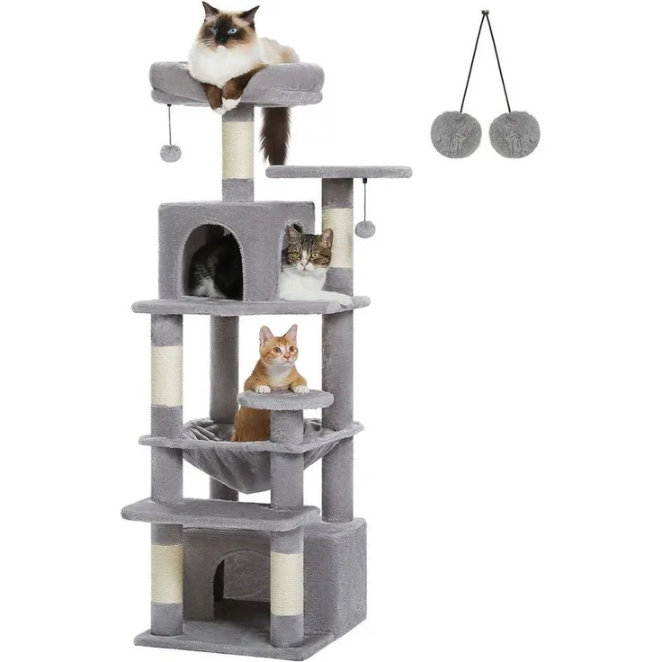 MEGAGOODS Ersatz-Kratzbaumstamm 136 cm, mit Sisal-Kratzsäulen, Hängematte und Katzenhöhlen
