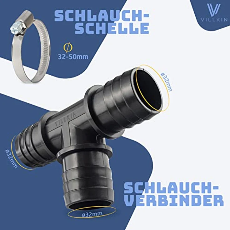 Villkin T-Schlauchverbinder Set 32mm, T-Stück Adapter mit 3 Edelstahl-Schlauchschellen für Pool, Teich & Pumpen – Bild 4