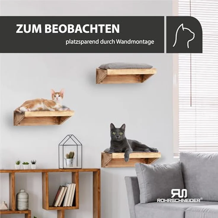 Rohrschneider® Katzen Kletterstufe mit Kissen | Katzentreppe Wand als Spiel- und Trainingsmöglichkeit | Katzen Wandelement sicher u. stabil | Katzenwandmöbel aus hochwertigen Materialien (3er Set) – Bild 5