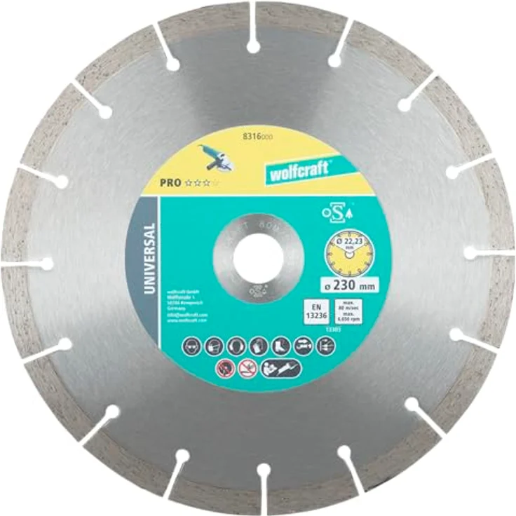 wolfcraft Diamant-Trennscheibe PRO UNIVERSAL I 8316000, segmentierte Trennscheibe ideal für Betonerzeugnisse, Ø 230mm, 10mm – Bild 1