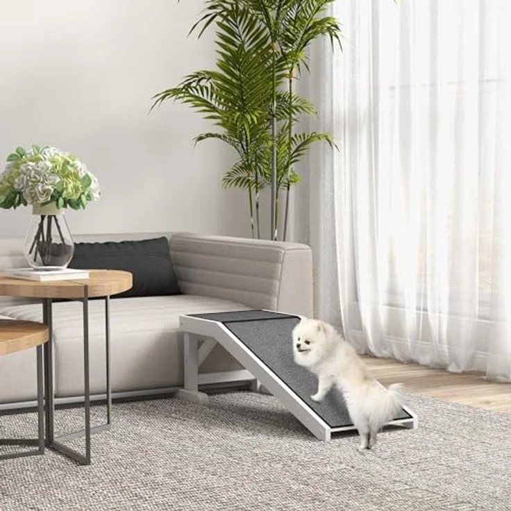 PawHut Haustierrampe mit rutschfestem Teppich Haustierleiter Hunderampe für Hund bis 30 kg Kiefernholz Polyester Weiß+Grau 125 x 40 x 35,5 cm – Bild 2