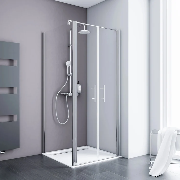 Schulte ExpressPlus Pendeltür AlexaStyle2.0, rahmenlos mit 5 mm Echtglas, Alunatur, 80x80x192 cm, wandmontierbar, inklusive fixil-Beschichtung